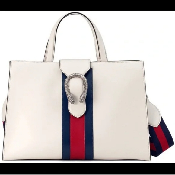AUTHENTIC GUCCI DIONYSUS LARGE WHITE CREAM RED BLUE TOTE BAG PURSE $2850 - Picture 1 of 16